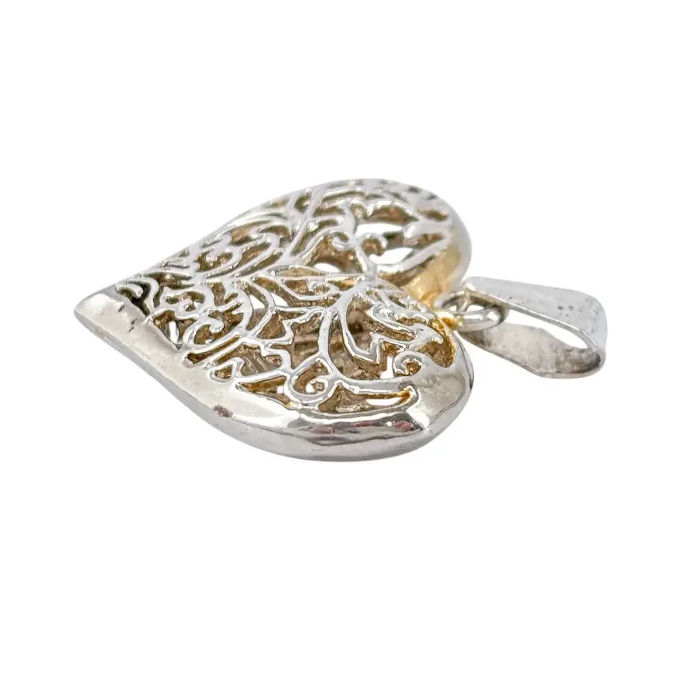 Vintage Sterling Silver 925 Puffy Filigree Heart Pendant